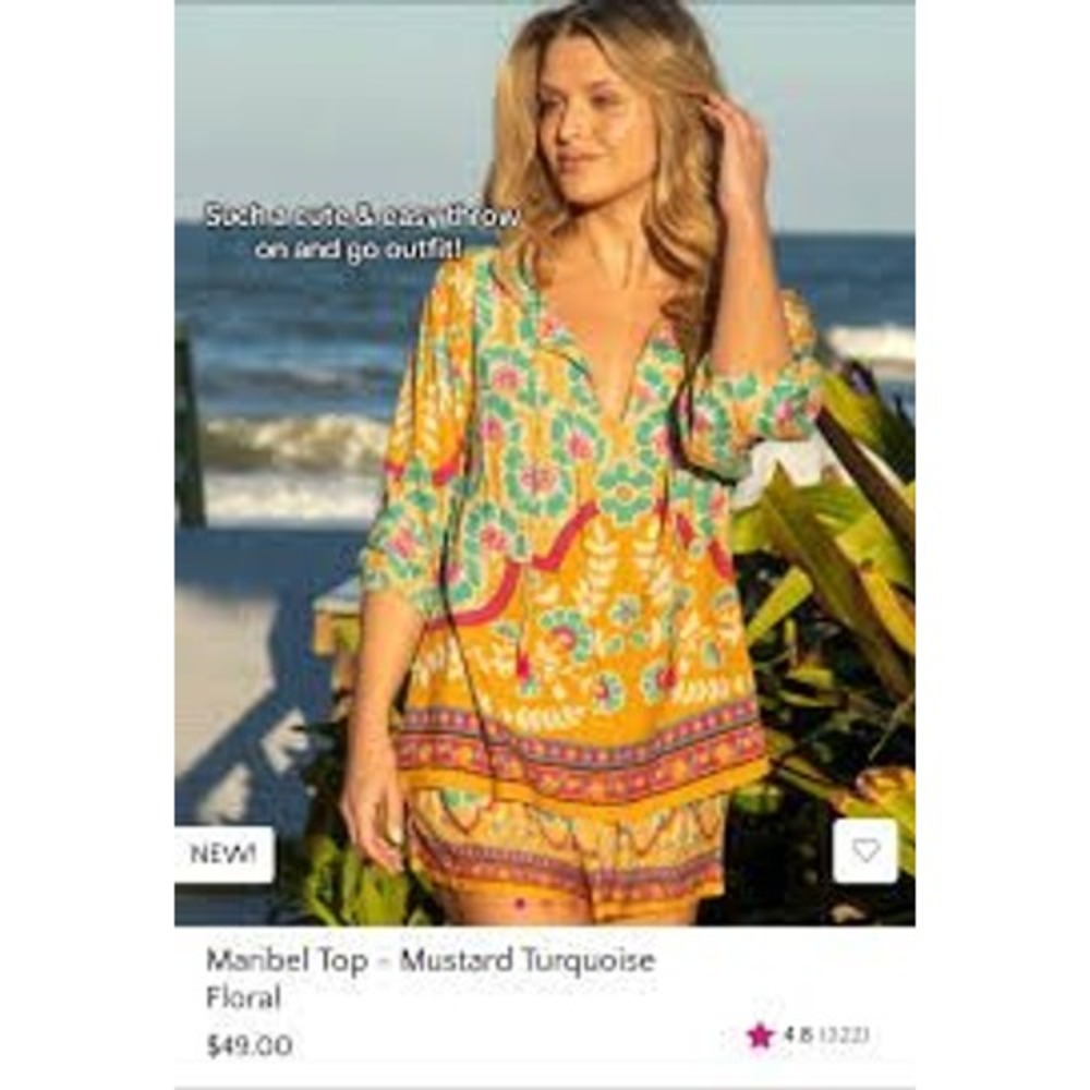 Natural Life Maribel Top Womens Large Mustard Turquoise Floral Boho Tassel Tunic